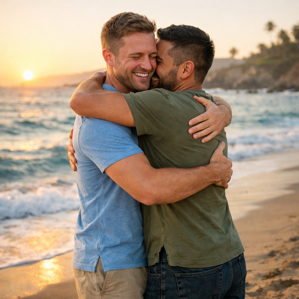 Men Hugging on Beach-1