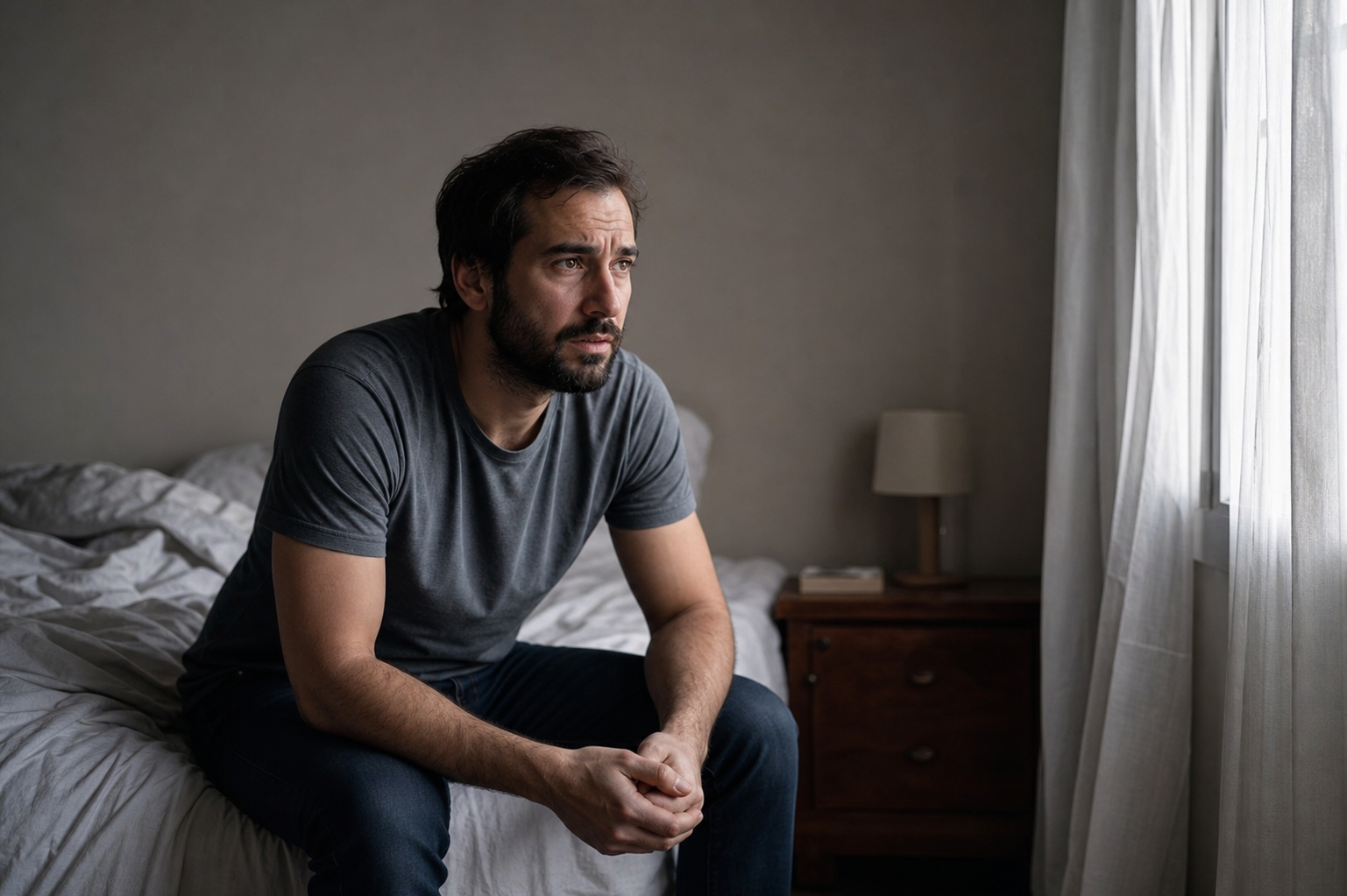 Stressed Man in Bedroom on Bed
